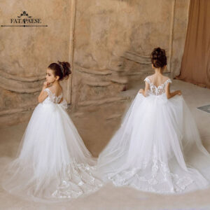 FATAPAESE Girl Dress For Wedding Lace Appqulies Tulle Skirt White Ivory Ball Gown Illusion Summer Sleeveless Communion Clothes