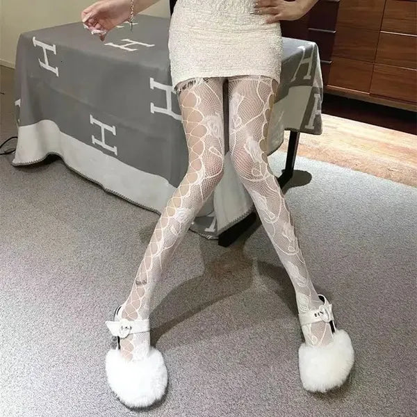 0cb2d7189b4e178e Love Flower Mesh Kawaii Japanese Girls Lolita Ins Stockings Cute White Pantyhose Spring Summer Ultrathin Transparent Hosiery 240111