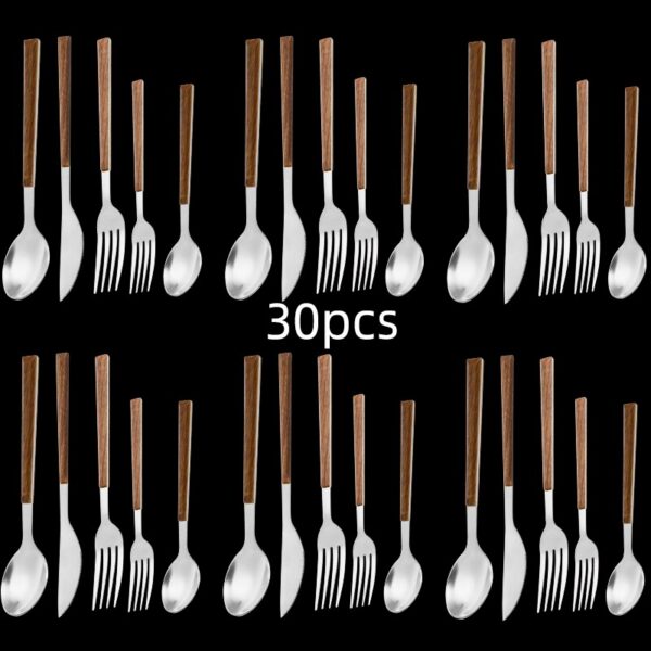 0cc6715df19a2976 30pcs Stainless Steel Imitation Wooden Handle Cutlery Set Dinnerware Clamp Western Tableware Knife Fork Tea Spoon