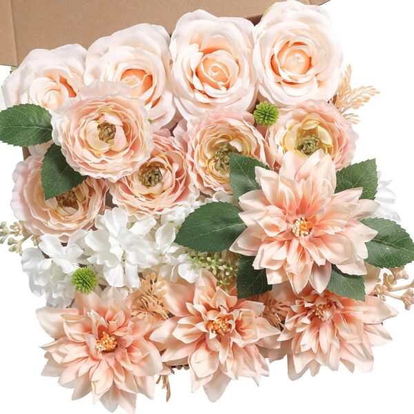 YYHUAWU Artificial Flowers Combo Box Set Gradient Color Flower Leaf with Stems for DIY Wedding Bouquets Centerpieces Baby Shower Party Home Decorations Peach
