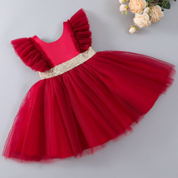 Baby Summer Flying Sleeves Mesh Open Back Bow Princess Girl Birthday Party Elegant Evening Dress