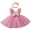 Baby Summer Flying Sleeves Mesh Open Back Bow Princess Girl Birthday Party Elegant Evening Dress