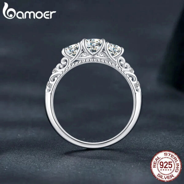 BAMOER 1.1CTTW Round Moissanite Ring for Women, White Gold Plated D Color VVS1 Lab Diamond 925 Sterling Silver Engagement Ring