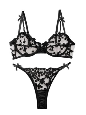 Lilosy Sexy Underwire Cute Push Up Strappy Embroidered Mesh Sheer Lingerie Set See Through Panty Bra