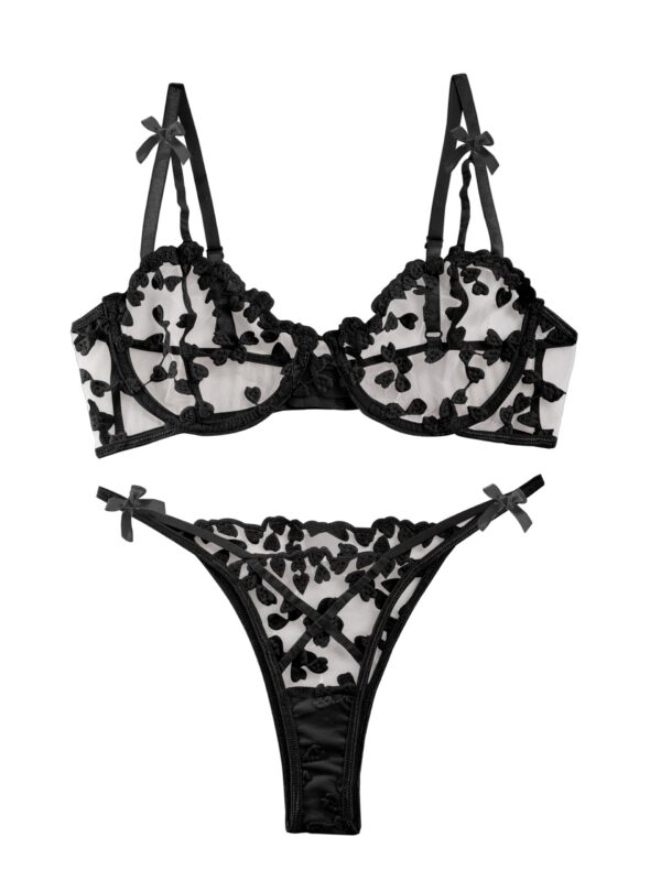 Lilosy Sexy Underwire Cute Push Up Strappy Embroidered Mesh Sheer Lingerie Set See Through Panty Bra