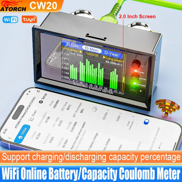 0e0e678ecec5945b CW20 DC0-420V WiFi Tuya Smart Digital Lithium Battery Capacity Detection Tester DC Display Voltage Current Power Coulomb Meter