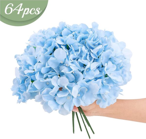 Auihiay 64pcs Silk Hydrangea Artificial Flowers, Artificial Hydrangea Flowers with Stems, Full Hydrangea Flowers for Wedding Centerpieces, Home, Garden, Party Decoration (Blue)