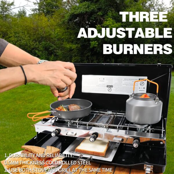 3-Burner Propane Camping Stove - Portable Stove with Adjustable Burners, Wind Guards, Toast Tray, 20,400 BTUs for Camping, Tailgating, BBQ, Picnics