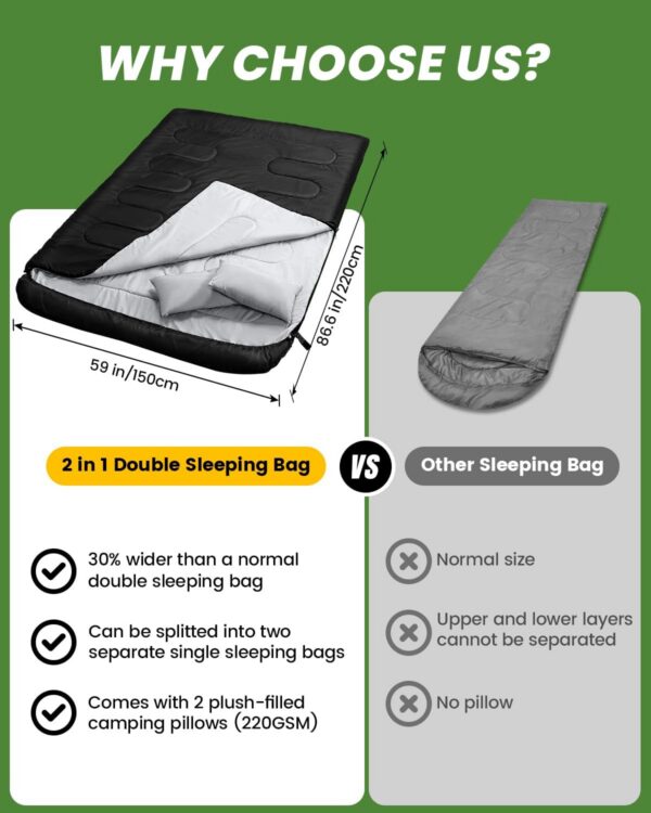 0e726750b7f23cd4 Sportneer Double Sleeping Bag for Adults with 2 Pillows, Queen Size Two Person Sleeping Bag for All Season, 2 Person Sleeping Bags for Cold Weather Camping Hiking Backpacking
