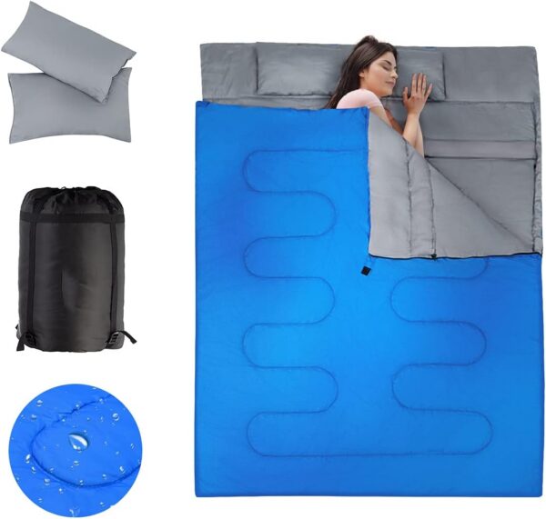 COSTWAY Double Sleeping Bag, Extra Large - 220 x 150 cm - Converts into 2 Singles, Waterproof Sleeping Bag with Free Pillows and Carrying Bag for Camping, Hiking