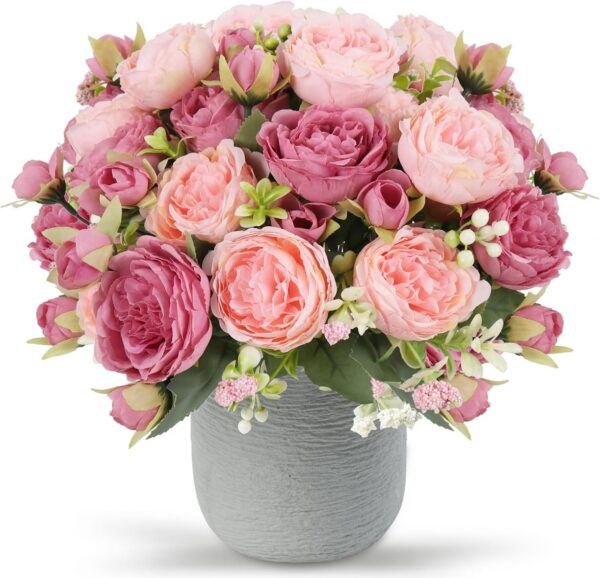 Artificial Peonies Silk Flowers, Faux Peony Bouquet 4 Bundles Florals Arrangements Decor for Farmhouse Home Boho Wedding Table Centerpiece, Fake Plastic Flowers Bulk for Vase Decoration (Pink Purple)