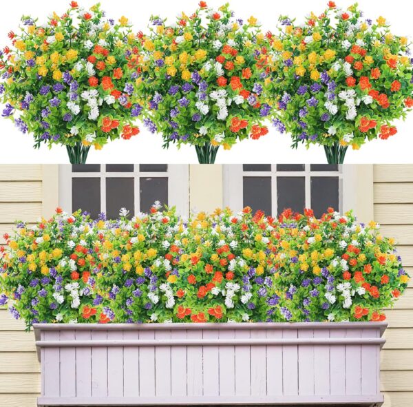 0ee1660a93e1c693 CEWOR 9pcs Artificial Flowers, UV Resistant Faux Outdoor Flowers, Fake Plastic Flowers for Cemetery Decoration Home Kitchen Bedroom Wedding Party Decor (Yellow, Purple, Green)