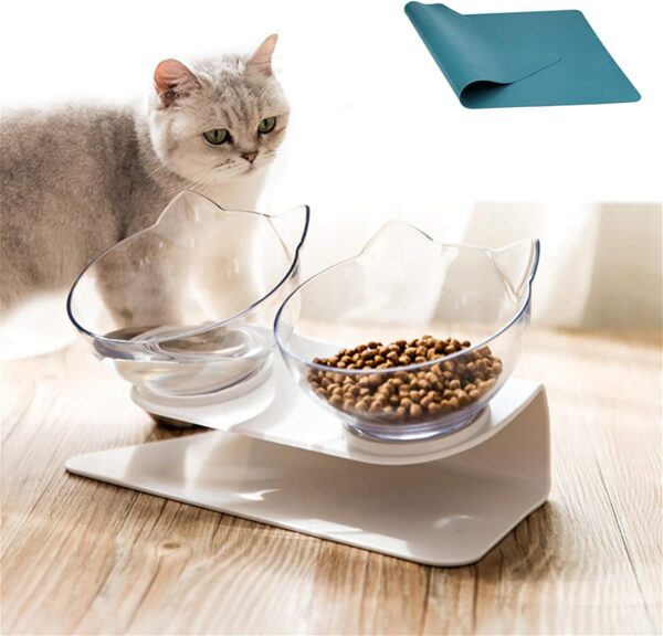15°Elevated Cat Food Bowls with Silicone Pet Mat, Double Raised Cat Transparent Plastic Bowl with Stand, Stress-Free Suit for Cats and Small Dogs, Anti Vomiting cat Bowl, Cute Cat Face Bowl