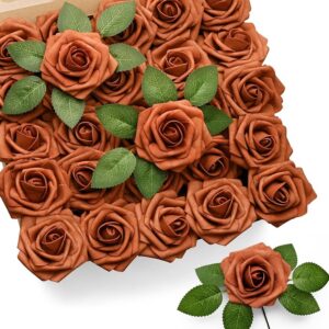 0f3b0fe101ada4af Mocoosy 50Pcs Artificial Rose Flowers, Burnt Orange Fake Roses for Decorations, Real Touch Terracotta Foam Rose Bulk with Stems Rust Floral Arrangements Wedding Valentine's Day Party Home Table Decor