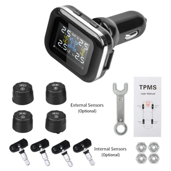 0fa2b72ef966fb61 Car Cigarette Lighter Wireless Universal TPMS USB Digital tpms Tire Pressure Alarm System 4 External Internal Sensor