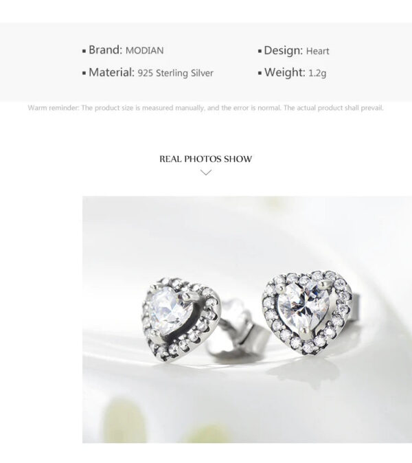 Modian Dazzling 925 Sterling Silver Clear CZ Heart Fashion Stud Earrings for Women Charm Wedding Statement Silver Fine Jewelry
