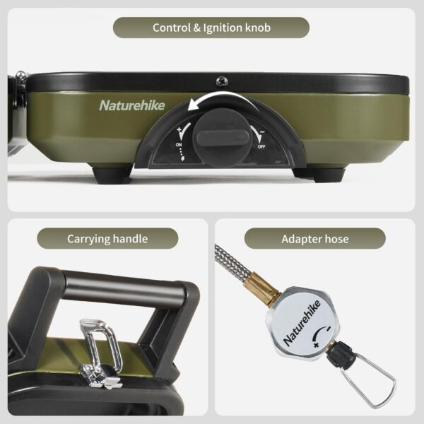 Naturehike Outdoor Camping Gas Stove Foldable 2 in 1 Burner with Grill Plate Portable Camping Gas Stove 2 Adjustable Burners Piezo Ignition Compatible with Isobutane Fuel Mix
