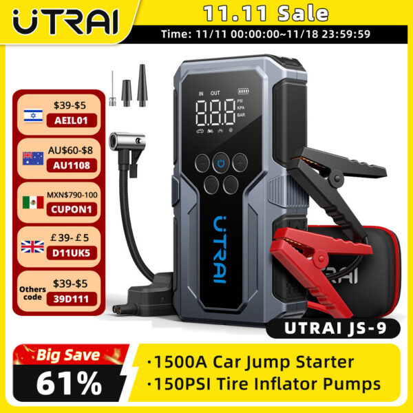 UTRAI 1500A Jump Power Bank Portable 150PSI Air Pump Battery Emergency Boosters Starting Device Car Starter 2024