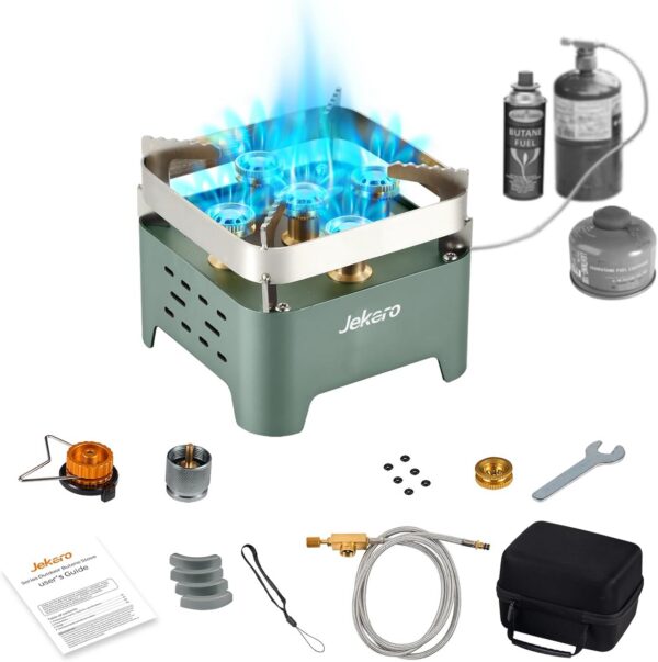 9000W Gaskocher Camping, Winddichter Campingkocher Outdoor Tragbarer Edelstahl Gaskocher für MFS-1a Butan Kartuschen, für Hiking Trekking Picknick, mit Tragekoffer