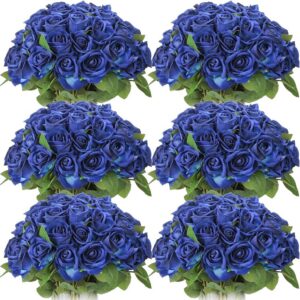 107cc36ecf3f4bf8 50 Pcs Artificial Rose Flower Realistic Silk Roses with Stem Bouquet of Flowers Plastic Flowers Real Looking Fake Roses for Home Wedding Centerpieces Party Decorations (Blue)