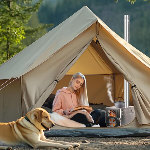 LAMA Tent Camping Stove, Portable Folding Stainless Steel Wood Stove with Chimneys and Gloves, Wood Burner for Tents, Hiking, Cooking, Heating, Camping, Silverwhite