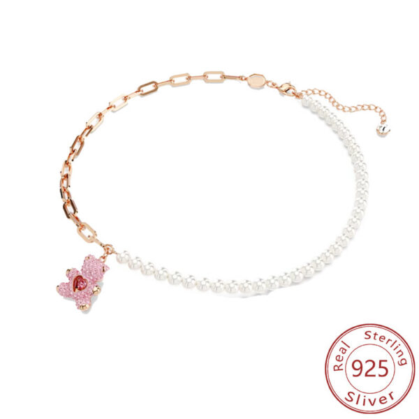 New Sier Jumping Pink Teddy Bear Pendant 3D Full Diamond Necklace