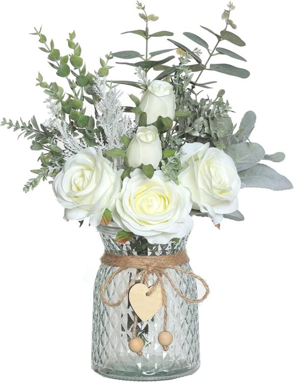 Faux Flowers with Vase,Artificial Silk Roses in Vase, Fake Plant Eucalyptus Flower Arrangement for Home Office Farmhouse Bathroom Dining Table Centerpiece Decorations Coffee Table Decor (Pink)