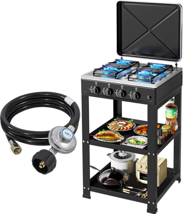 1120be4b6ede4d29 Propane Gas Stove-300000BTU Portable Gas Stove with Support Leg Stand and Wind Blocking Cover Adapter Auto Ignition Camping Stove 4 Burner LPG for RV, Apartment, Outdoor Cooking