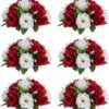 11a3894d79f7b694 NUPTIO Artificial Flower Centrepieces for Tables - 6 Pcs Crimson & White Fake Flowers Roses Balls 9.5in Diameter - Silk Faux Rose Arrangement for Wedding Party Centerpiece Table Decorations