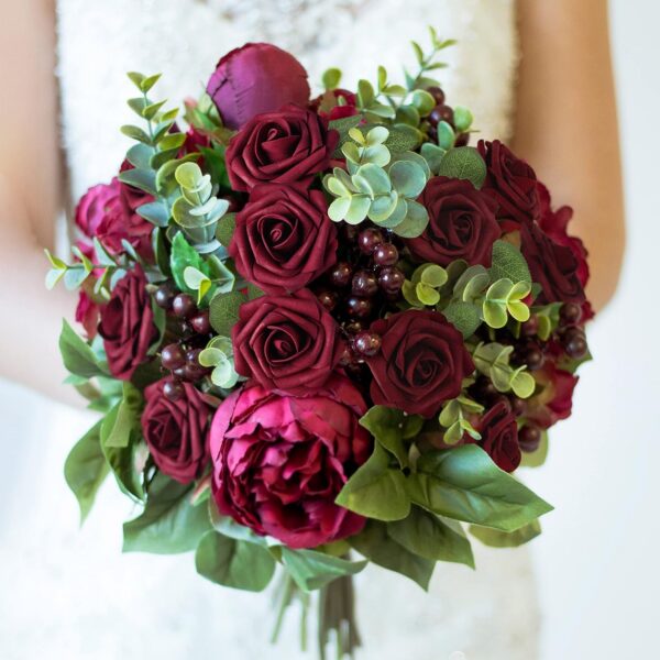 Mocoosy 50Pcs Artificial Rose Flowers, Burgundy Fake Roses for Decorations, Real Touch Foam Rose Bulk with Stems for DIY Wedding Bouquets Bridal Shower Centerpieces Valentine's Party Home Table Decor