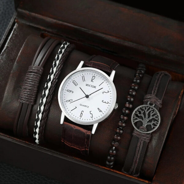 121858c6e04a3251 MSCXDK Brand 5pcs Black Quartz Watches Bracelet Men Business Casual Round Watch Life Tree PU Leather Bracelets Sets