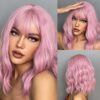 Short Wavy Wigs Women Dark Brown Bob Natural Synthetic Wig with Bangs for Girl Daily Cosplay Use Heat Resistant