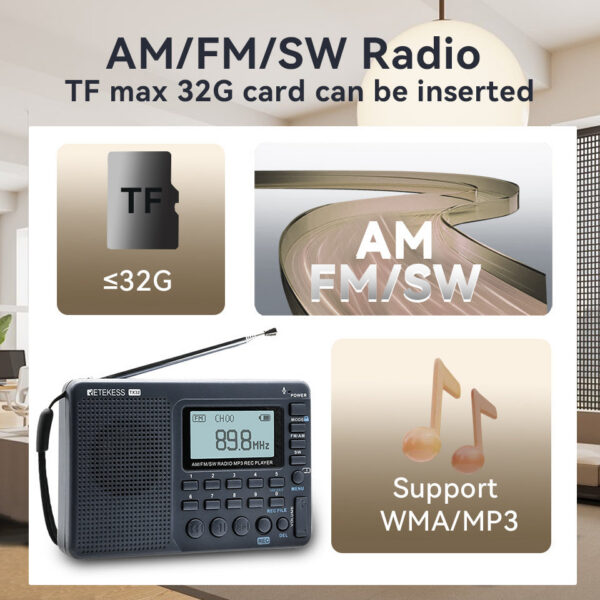 RETEKESS V115 FM AM SW Portable Radios Rechargeable Radio Batteries multiple bands USB Recorder Speaker for Elders TX32