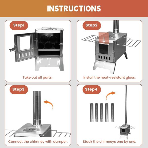 1251d47d04e07752 WUDLEP Tent Camping Stove, Tent Stove Wood Burning Stoves, Portable Stainless Steel Tent Wood Stoves with Chimney Pipes Portable Camping Cookware for Camping Heating Lodging Cooking