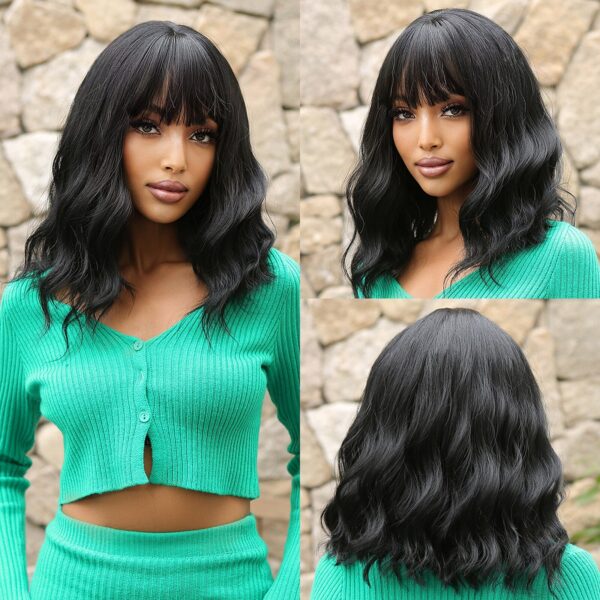 Women Grey Wavy Bob Wigs Bangs Short Blonde Ombre Synthetic Wig With with Dark Roots Natural Hair for Daily Use