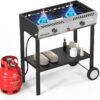 ROVSUN 2 Burner Outdoor Propane Gas Stove with Auto-ignition, Regulator & Shelf, 150,000 BTU Powerful Stand Cooker for Backyard Patio Cooking Home Brewing Canning Turkey Frying