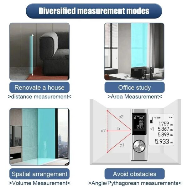 Mini Rangefinder Distance Meter 40M 60M Rechargeable Digital Range Finder Area Volume Multi-angel Laser Measuring Tool