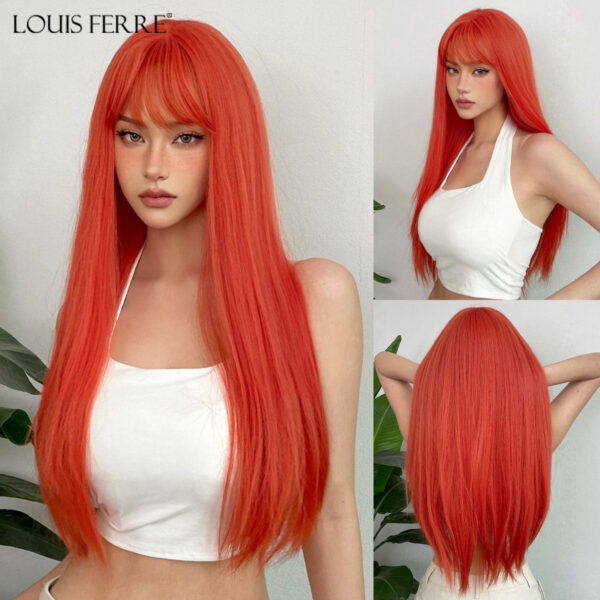 142c11b967b51eee FERRE Black Pink Ombre Synthetic Cosplay Long Straight Layered Wigs with Bangs for Women Heat Resistant Fake Hair