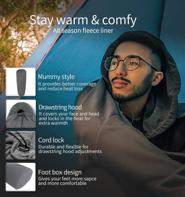14483aab6b8c275a Litume Fleece All Season Sleeping Bag Liner Adds Up to 15°C, Compressible and Lightweight Mummy Sleeping Sack for Backpacking Camping travel hiking compact stuff Drawstring hood