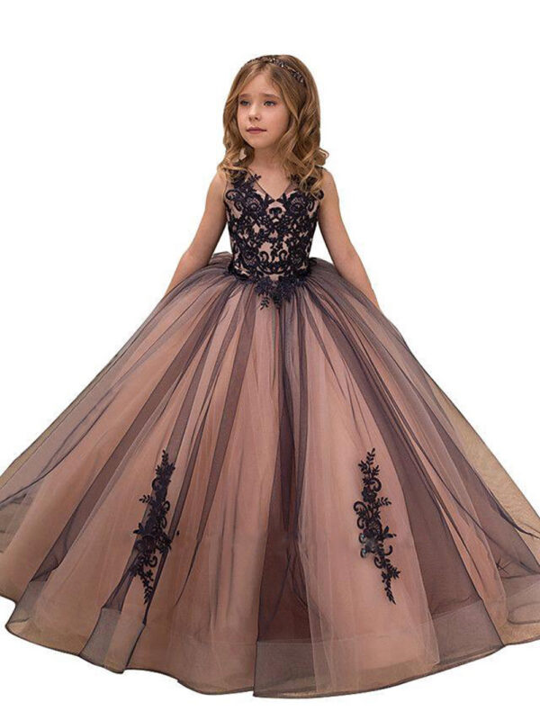 14995599c8390298 MisShow Princess Satin Beaded Floor Length Red Flower Girl Black Appliques Girls Pageant Dress First Communion Dresses