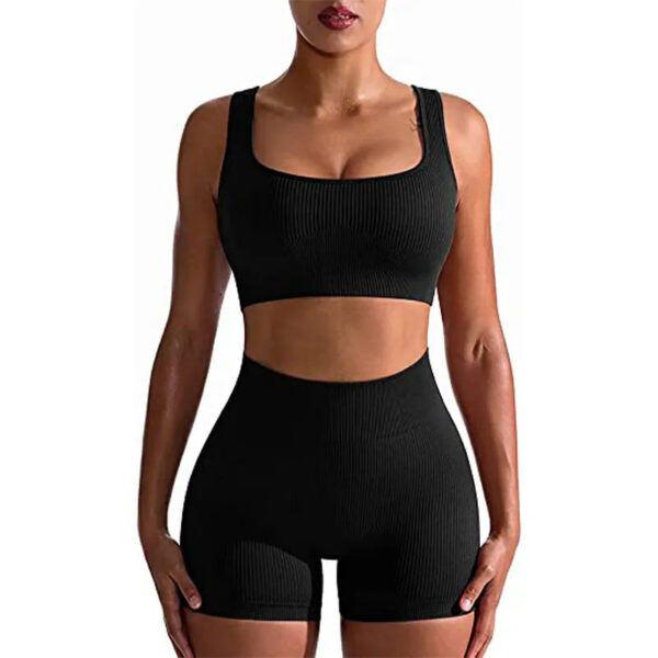 Seamless Yoga Workout Sets for Women 2 Pieces Gym Suits Ribbed Crop Tank High Waist Shorts Outfits Fiess Running