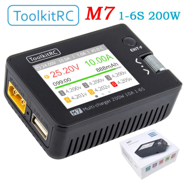 164fa17d0e16122e ToolkitRC M7 200W 10A DC Balance Charger Discharger for 1-6S Lipo Battery With Voltage Servo Checker ESC Tester Receiver LCD IPS