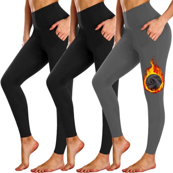 16546daa3a7c1914 NEW YOUNG 3 Pack Fleece Lined Leggings with Pockets for Women,High Waisted Thermal Warm Winter Yoga Pants