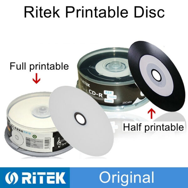 25PCS/BOX Ritek Printable Blank Recordable Compact 700MB/80min/52x CD-R Vinyl Black Media Disc