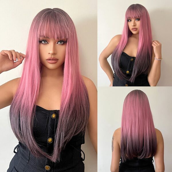 1679f74cad23ed40 FERRE Black Pink Ombre Synthetic Cosplay Long Straight Layered Wigs with Bangs for Women Heat Resistant Fake Hair