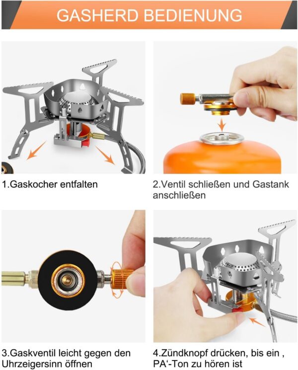 AUTOPkio Campingkocher 3500W, Winddicht Gas Campingkocher mit Piezozündung Faltbar Gaskocher Gasbrenner mit Adapter Gasherd für Outdoor Picknick Trekking Hiking Wandern