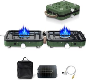1729d17c94dd740c 2 Burner Propane Stove with Grill, 18,000 BTU, Portable Camping Stove, Foldable Camp Stove, Gas Stove with 2 Adjustable Burners, Piezo Ignition & Easy Carrying Handle (Green)
