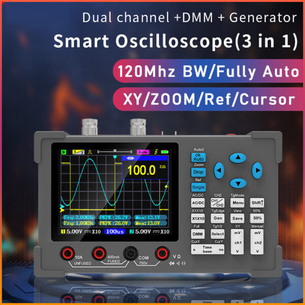 3in1 Digital Multimeter Signal Generator Dual Channel 120Mhz Bandwidth 250MSa/s Sampg Rate Handheld Oscilloscope