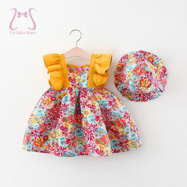 1813beda23baf706 2Pcs/Set Summer Sleeveless Children Costume Flower Cotton Baby Clothes Dresses For Girl Fashion Kids Outfits 0 To 3 Years + Hat