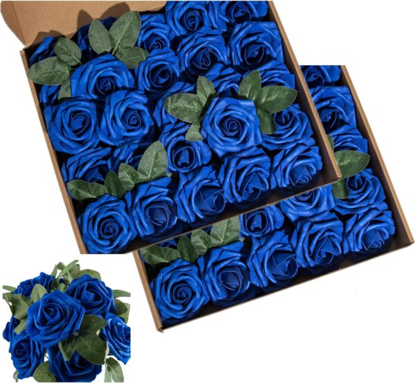 1922166d481a8ed4 Artificial Flower Foam Purple Rose 50pcs Real Looking Fake Rose with Stems Leaves for Home Decoration Party Garden Centerpieces DIY Wedding Bouquets(Purple)